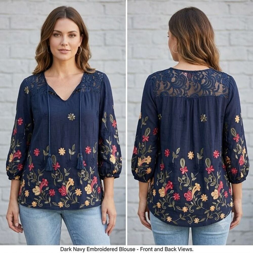 Ana & Rose Floral Embroidered Blouse Large Black Lace Trim Boho Peasant Top L